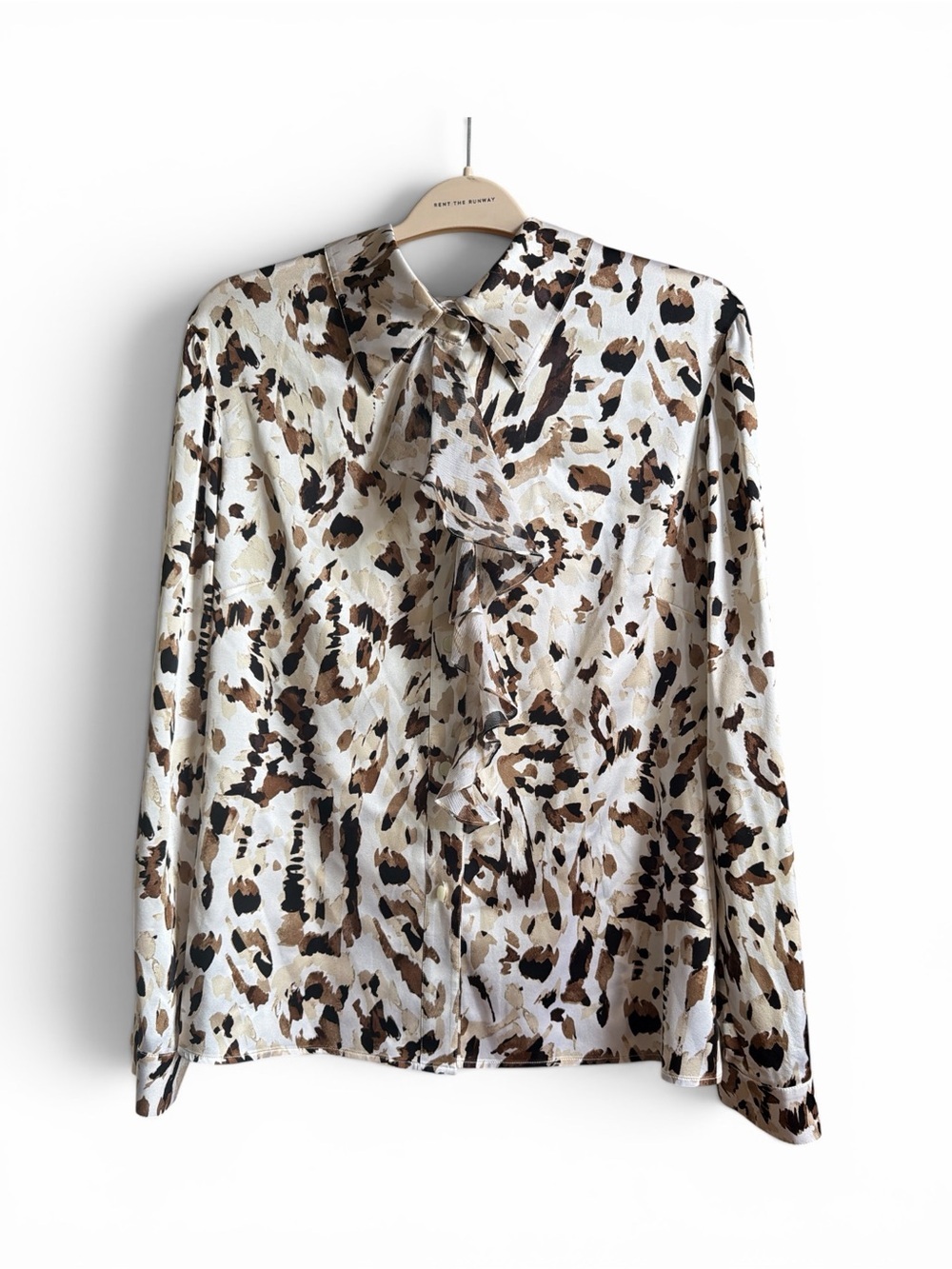 St. John Cream Ruffle Front Animal Print Brown Black Blouse Silk Top Luxury